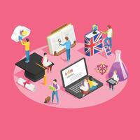 Isometric illustration shows students engaging with online education platform, featuring laptop, books, graduation cap, scientific elements, and english language learning resources vector