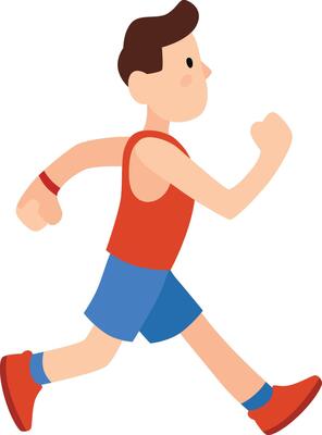 Young man is running, wearing a red sleeveless shirt and blue shorts, promoting the benefits of physical activity for overall well being
