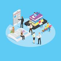 People are reading various media including printed books, newspapers, electronic books and smartphones, enjoying their reading time in different postures, in isometric view vector