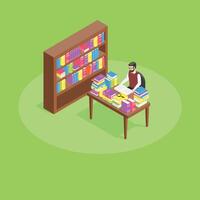 Librarian researching and reading a book at a desk with stacks of books and a magnifying glass next to a full bookshelf in a library setting vector