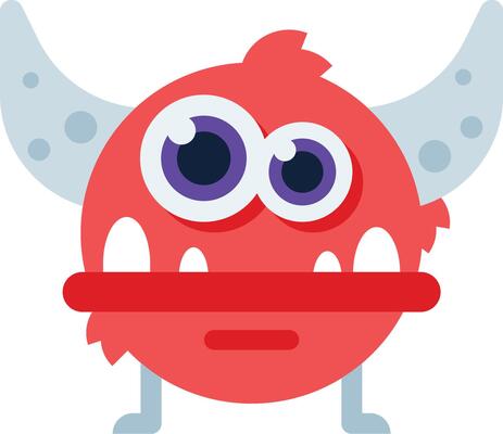 Cartoon illustration of a cute red monster with horns, big purple eyes, sharp teeth, and small legs, standing against a white background