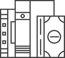 Line drawing of office supplies such as binders, files, and folders, alongside a stylized banknote symbolizing budgeting and business expenses vector