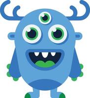 Friendly, cartoonish blue monster with three eyes, antlers, and a wide, toothy grin stands on two legs, exuding a playful and whimsical vibe vector