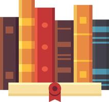 Colorful books standing upright with a diploma featuring a red ribbon and seal, symbolizing successful completion of studies and academic excellence vector