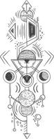 Geometrical drawing representing planets and moons with esoteric and mystical symbols creating an elegant and symmetrical composition vector