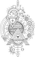 Planets, sun, moon, and eye of providence are merging with alchemic symbols, geometric shapes, and esoteric signs, creating a fascinating monochrome artwork vector