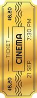 Golden cinema ticket costing 8.20 for a movie night scheduled on september 21st at 7,30 pm, offering access to entertainment and cinematic experience vector