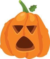 Carved pumpkin with triangular eyes and wide open mouth showing a frightened expression, with green stem and leaf, isolated on white background for halloween decoration vector