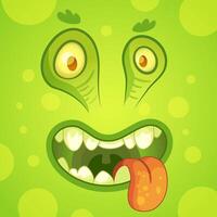 Funny cartoon illustration of a slimy green monster with big eyes and mouth open showing teeth and sticking out its tongue vector