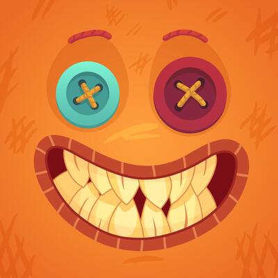 Creepy smiling voodoo doll face with button eyes and a stitched mouth showing sharp teeth, creating a spooky and playful halloween design