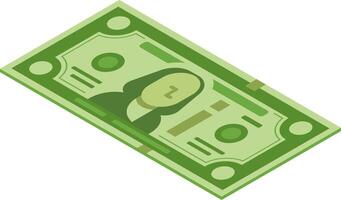Green banknote lying on a white background, featuring security elements and a portrait, representing american currency in an isometric perspective vector