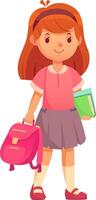 Excited schoolgirl with pink backpack and book, ready to learn and grow in knowledge. Smiling brightly in uniform with red hair, skirt, shoes, socks, and headband vector
