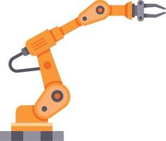 Orange robotic arm with gripper performing automated tasks in industrial setting, showcasing advanced automation technology vector