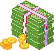 Stack of green dollar bills secured with straps and gold coins illustrating savings, investment, financial success, and economic growth vector