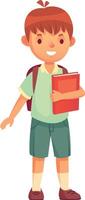 Cheerful schoolboy holding a book and wearing a backpack is ready for his first day of school, eager to learn and make new friends vector