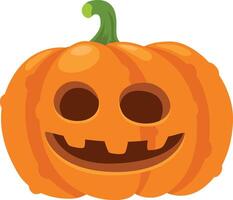 Halloween pumpkin carving with large triangular eyes and a wide smiling mouth showing teeth, featuring a green stem on a white background vector