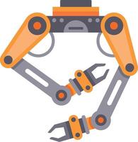 Two robotic arms, featuring orange and gray components, are positioned against a white backdrop, poised for an industrial task, symbolizing automation in manufacturing vector