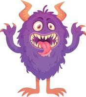 Funny hairy purple cartoon monster sticking its tongue out with saliva dripping, showing its teeth and claws up in a scary pose vector