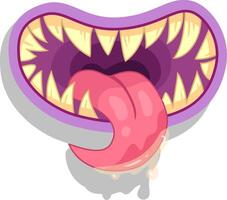 Cartoon illustration of a scary monster mouth with sharp teeth and long pink tongue dripping saliva, ideal for halloween projects vector