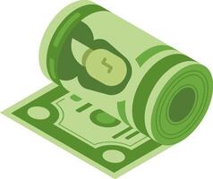 Rolled banknote is unrolling on another banknote, creating an interesting visual representation of money and finance in an isometric illustration style vector