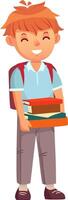 Excited schoolboy happily carries books and a backpack, ready for school. Captures joy of learning, success, and growth. Perfect for academic designs vector