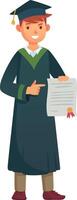 Proud graduate wearing academic gown and graduation cap, pointing at diploma with satisfaction, celebrating successful completion of studies vector