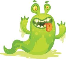 Slimy green cartoon monster with two eyes and a long tail sticking out its tongue and showing sharp teeth while standing on a puddle of slime vector