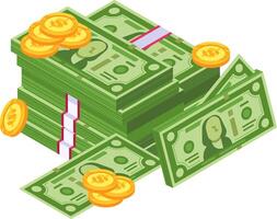 Large stack of green banknotes with several gold coins placed on top and scattered around, symbolizing financial prosperity, investment growth, and abundance vector