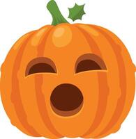 Orange halloween pumpkin showing an open mouth and closed eyes, with a surprised expression and a green stem and leaf on a white background vector
