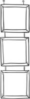 Three empty square wooden frames are hanging vertically from small hooks, creating a space for artwork or design elements vector