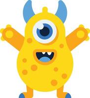 Cartoon illustration of a cheerful yellow monster with a single large eye, blue horns, and open arms, conveying a sense of fun and friendliness vector