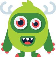 Cartoon green monster character smiling and showing teeth with large red eyes and antlers, suitable for children's illustrations or fantasy projects vector