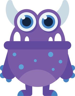 Cartoon illustration of a friendly purple monster with big blue eyes, horns, and small teeth, standing against a white background