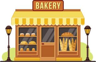 Small business bakery shop building facade with bread, cakes and baguettes displayed in the window, yellow awning and street lamps vector