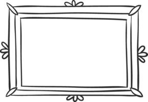 Simple, hand drawn rectangular frame features rounded corners, double lines, and stylized floral decorations at each corner and midpoint, creating a blank space ideal for adding text or images vector