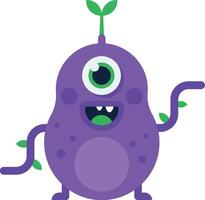 Friendly one eyed purple monster with green sprout on head and arm, smiling and pointing to the right side, isolated on white background vector