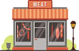 Colorful illustration of a meat shop building facade with various sausages hanging in the showcase and a street lamp on the sidewalk vector