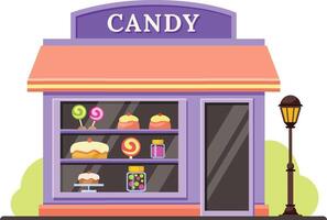 Colorful cartoon candy shop building exterior with cakes, lollipops, and candy jars showing in the window display, street lamp and green bushes at the side vector