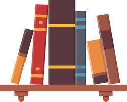 Colorful books are standing and leaning on a small wooden shelf, creating a cozy and inviting atmosphere for reading and learning vector
