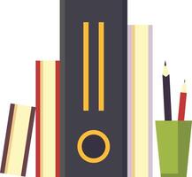 Illustration featuring books, pencils in a pencil holder, and a folder, creating a concept of studying, organization, and academic or office work vector