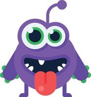Funny purple alien character with big green eyes, antenna, and playful expression sticking out its tongue, ideal for children's books, games, or any project needing a touch of whimsy vector