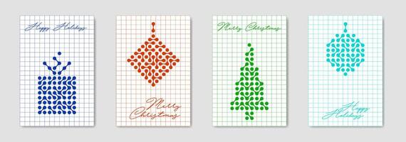 Set Christmas card in modern minimalist geometric style, colorful squared paper texture in kids drawing style. Happy New Year themed winter holiday invitations, creative abstract Xmas design vector