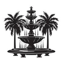 A black and white illustration of a fountain with palm trees vector