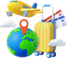 3d Airline Ticket, Travel Bag, Globe and Airplane. png