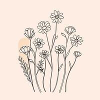 Flowers in a line drawing on a light pink background vector