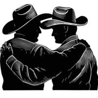 Two men in cowboy hats hugging each other vector