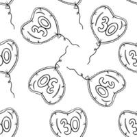 Seamless pattern of balloon in shape of heart with number thirty in center in outline style vector