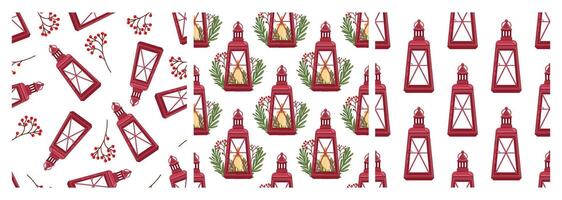 Seamless patterns with Christmas lanterns and festive elements vector