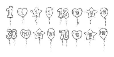 Balloons with numbers 1, 18, 30, 70 in different shapes in outline style vector
