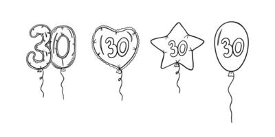 Balloons with number 30 in different shapes in outline style vector